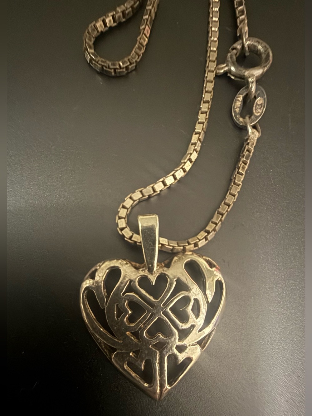 Vintage Sterling Silver Filigree Heart Pendant Necklace 925